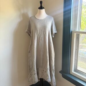 Rosemarie Made in Italy Lagenlook Linen Dress‎ Women's M Gray Eyelet Boho